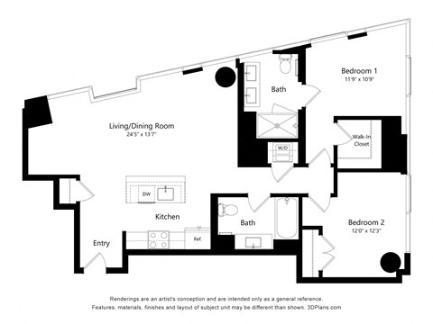 Floor plan for 2 beds, 2 baths, 1008 sqft